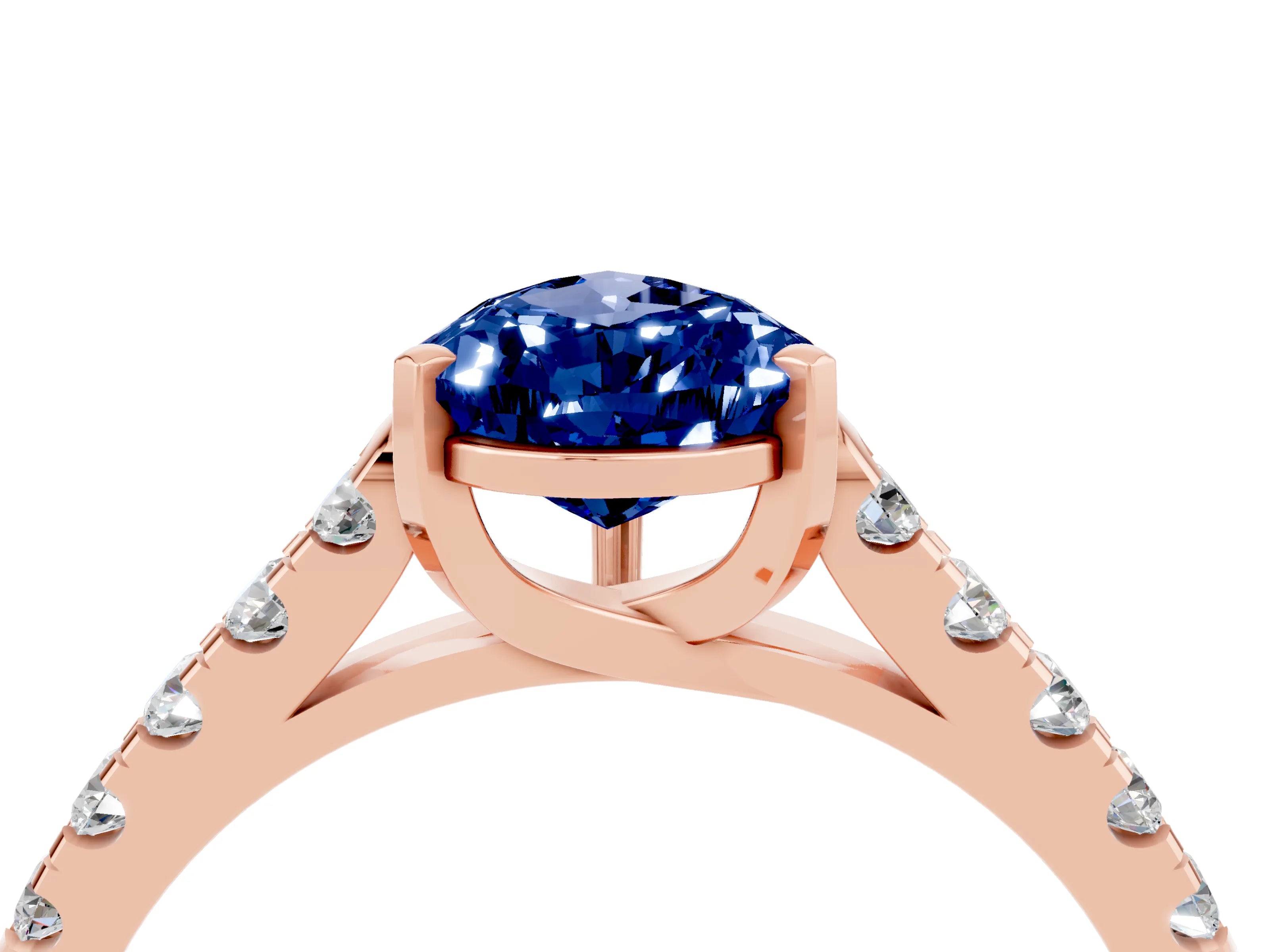 Rose gold {shape_name} Blue Sapphire Solitaire Ring with Pavé Band and Four-Prong Setting_4