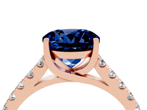Rose gold {shape_name} Blue Sapphire Solitaire Ring with Pavé Band and Four-Prong Setting_4