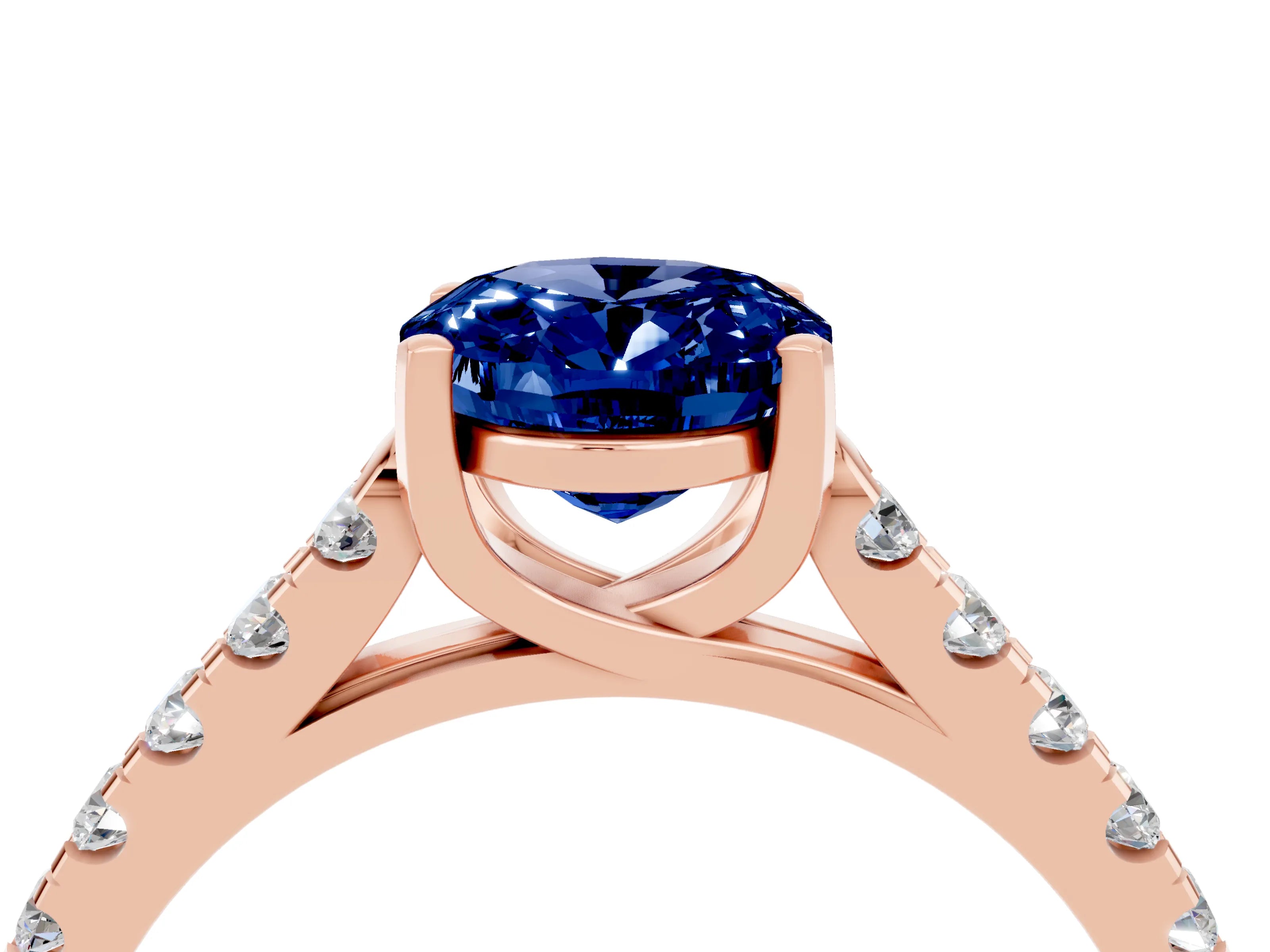 Rose gold {shape_name} Blue Sapphire Solitaire Ring with Pavé Band and Four-Prong Setting_4