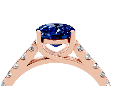 Rose gold {shape_name} Blue Sapphire Solitaire Ring with Pavé Band and Four-Prong Setting_4
