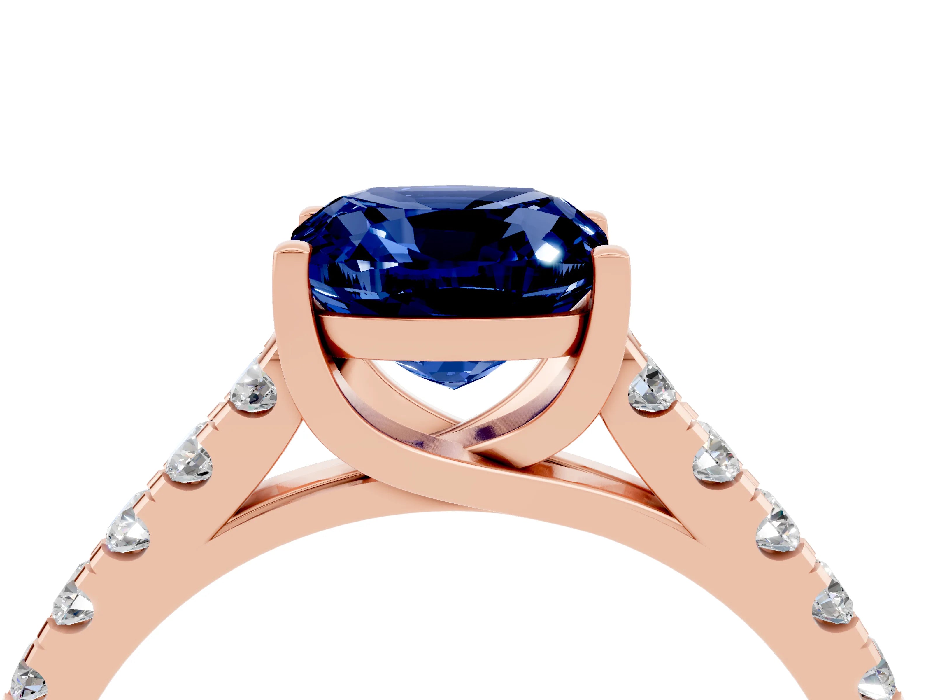 Rose gold {shape_name} Blue Sapphire Solitaire Ring with Pavé Band and Four-Prong Setting_4