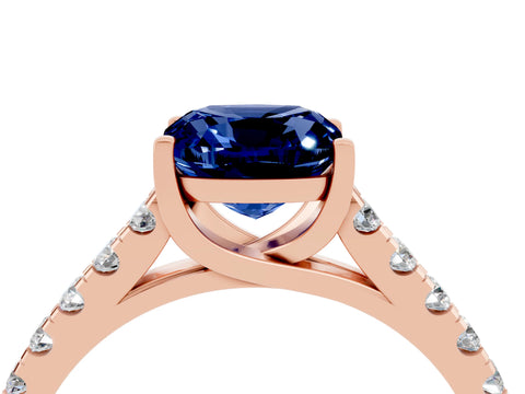 Rose gold {shape_name} Blue Sapphire Solitaire Ring with Pavé Band and Four-Prong Setting_4
