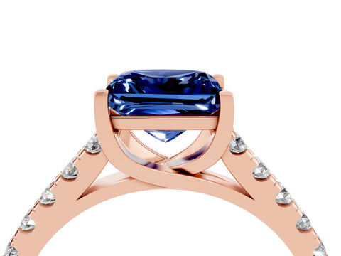 Rose gold {shape_name} Blue Sapphire Solitaire Ring with Pavé Band and Four-Prong Setting_4