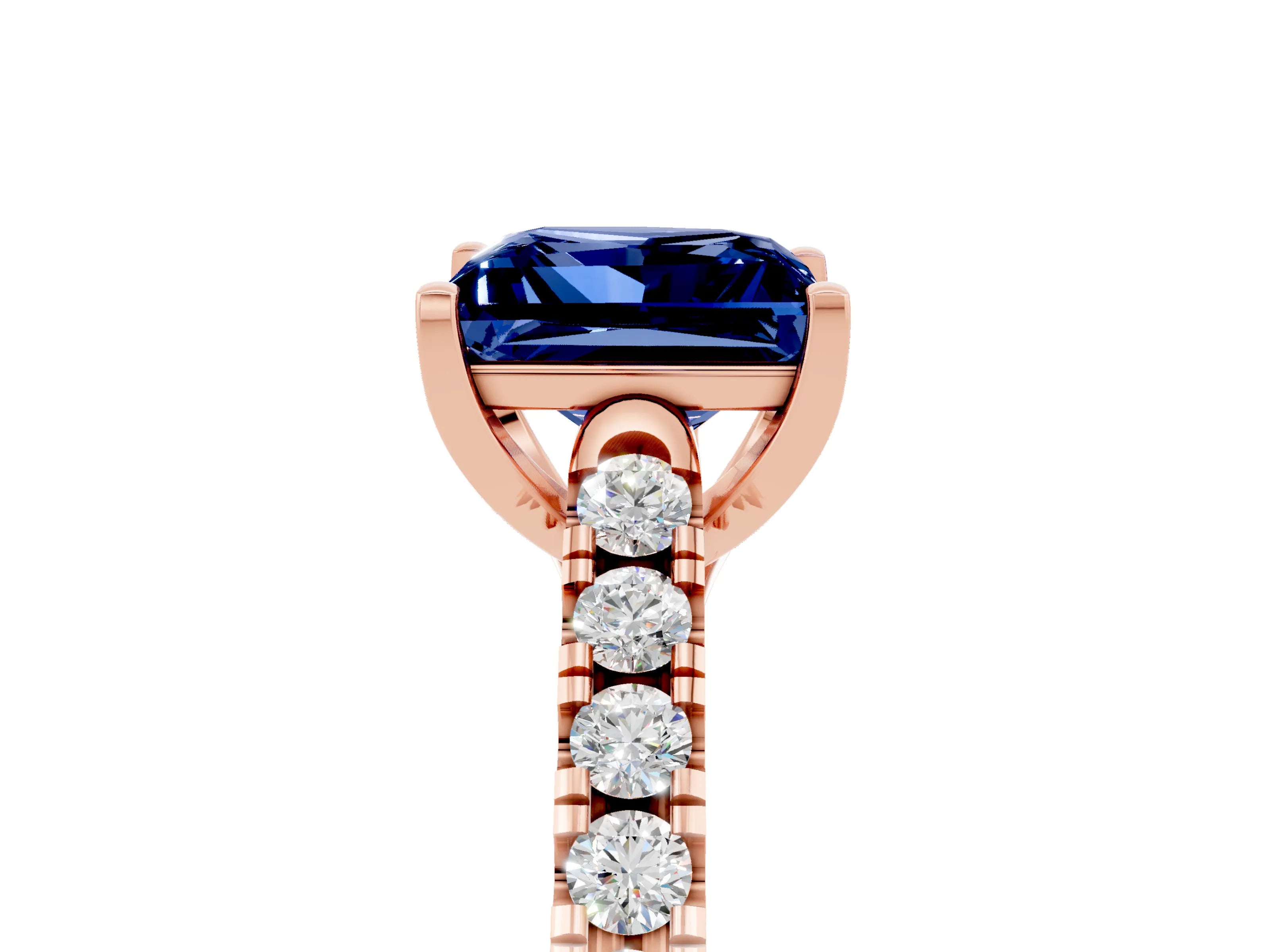 Rose gold {shape_name} Blue Sapphire Solitaire Ring with Pavé Band and Four-Prong Setting_5