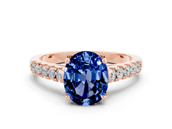 Rose gold Oval Cut Blue Sapphire Pavé Band Solitaire Ring with Prong Setting
