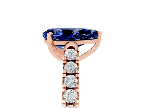 Rose gold {shape_name} Blue Sapphire Solitaire Ring with Pavé Band and Four-Prong Setting_5
