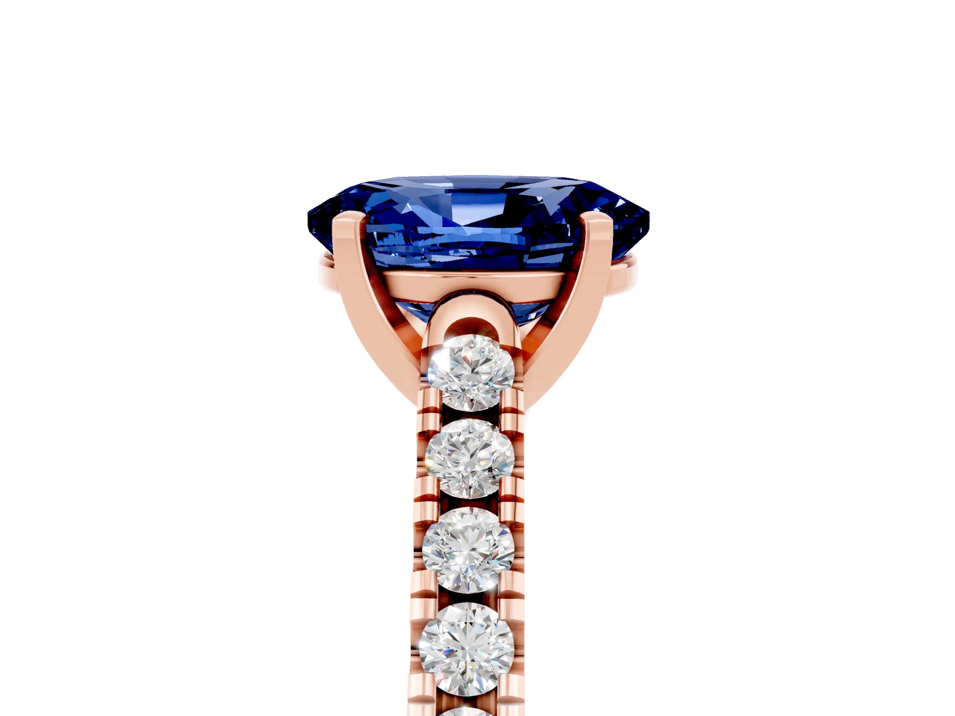 Rose gold {shape_name} Blue Sapphire Solitaire Ring with Pavé Band and Four-Prong Setting_5