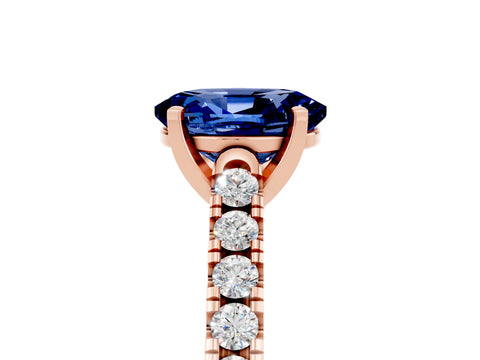 Rose gold {shape_name} Blue Sapphire Solitaire Ring with Pavé Band and Four-Prong Setting_5