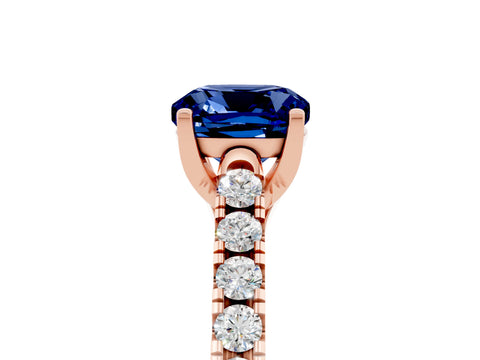 Rose gold {shape_name} Blue Sapphire Solitaire Ring with Pavé Band and Four-Prong Setting_5