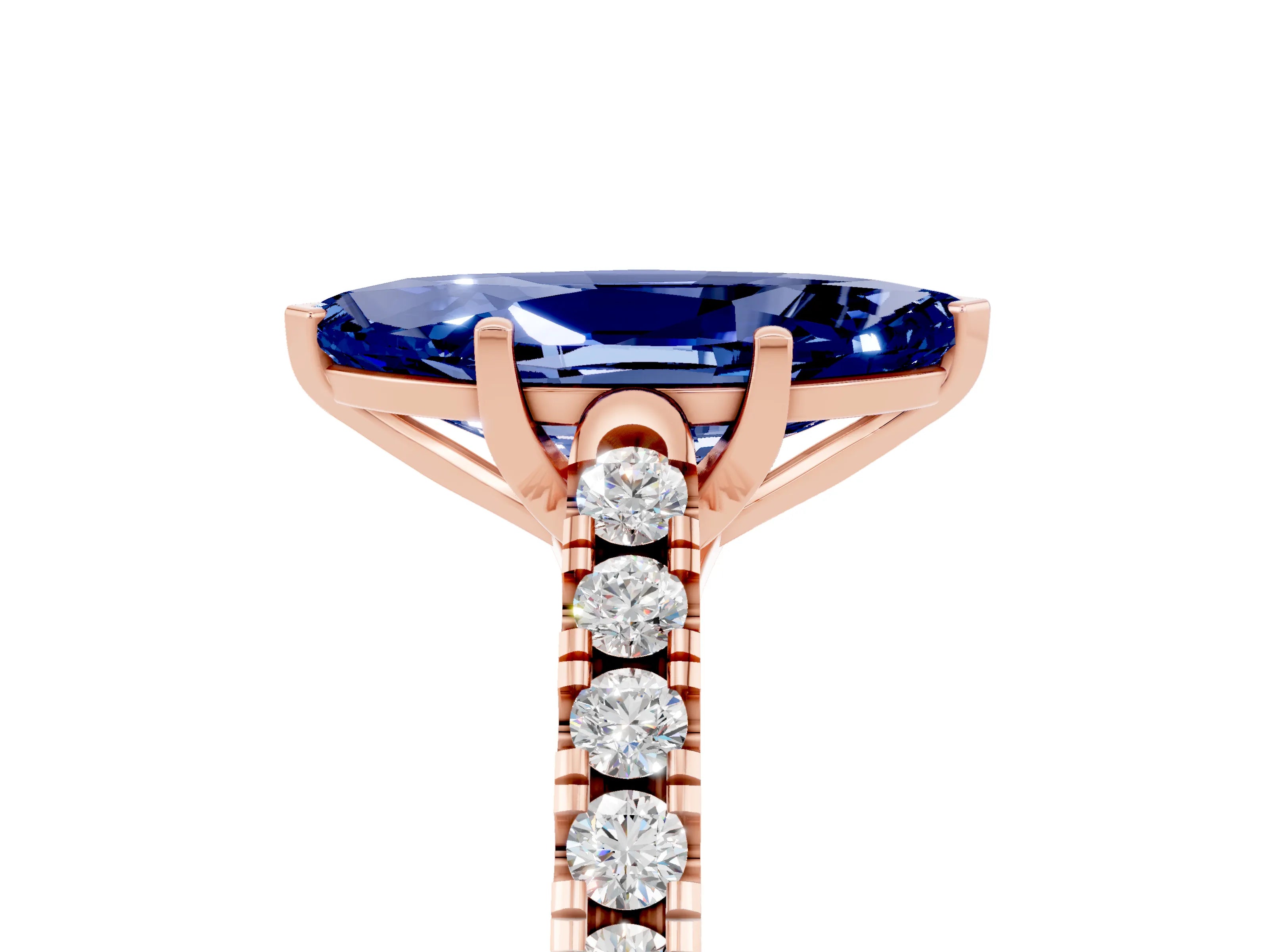 Rose gold {shape_name} Blue Sapphire Solitaire Ring with Pavé Band and Four-Prong Setting_5