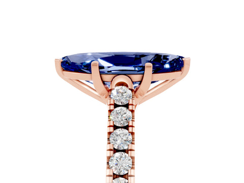 Rose gold {shape_name} Blue Sapphire Solitaire Ring with Pavé Band and Four-Prong Setting_5