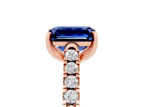 Rose gold {shape_name} Blue Sapphire Solitaire Ring with Pavé Band and Four-Prong Setting_5