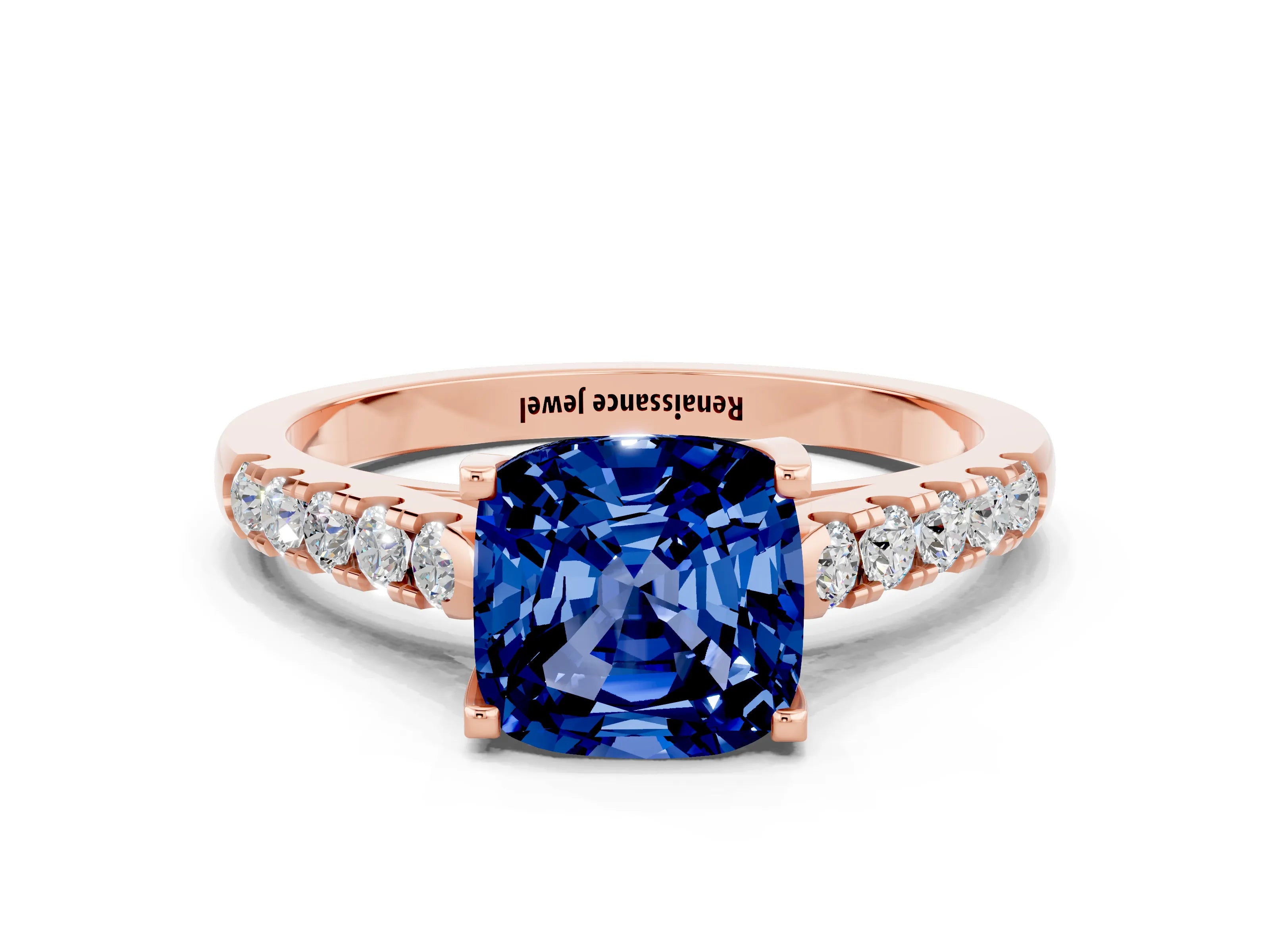 Rose gold {shape_name} Blue Sapphire Solitaire Ring with Pavé Band and Four-Prong Setting