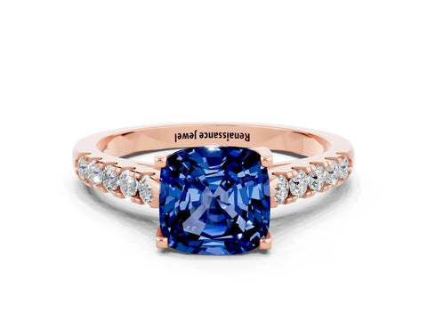 Rose gold {shape_name} Blue Sapphire Solitaire Ring with Pavé Band and Four-Prong Setting