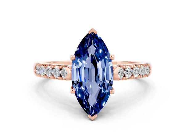 Rose gold Marquise Cut Blue Sapphire Pavé Band Solitaire Ring with Prong Setting