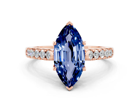 Rose gold {shape_name} Blue Sapphire Solitaire Ring with Pavé Band and Four-Prong Setting