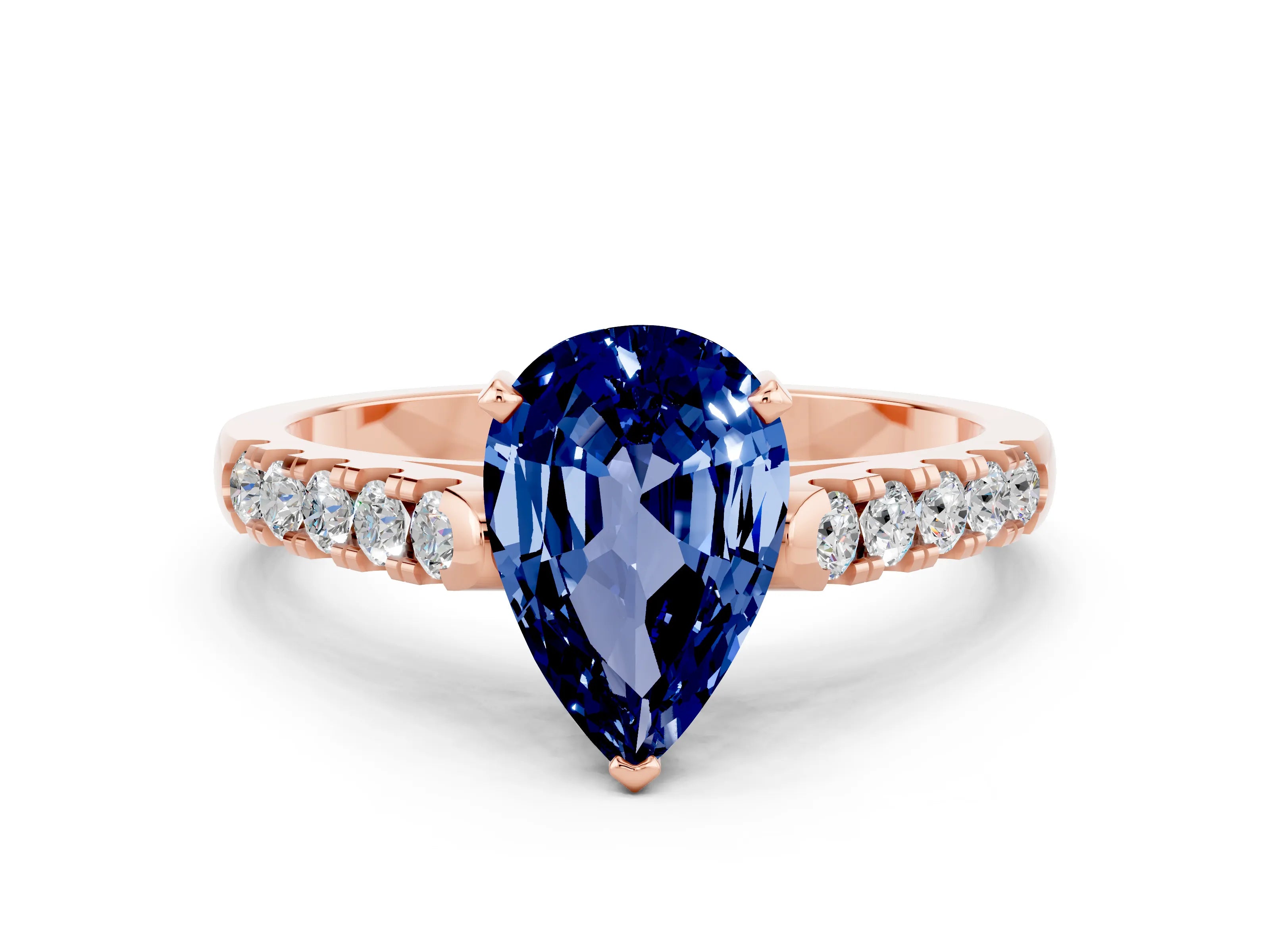 Rose gold {shape_name} Blue Sapphire Solitaire Ring with Pavé Band and Four-Prong Setting