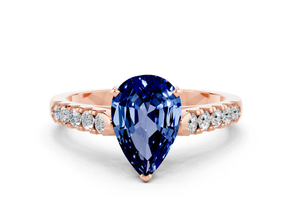 Rose gold Pear Cut Blue Sapphire Pavé Band Solitaire Ring with Prong Setting