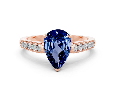 Rose gold {shape_name} Blue Sapphire Solitaire Ring with Pavé Band and Four-Prong Setting