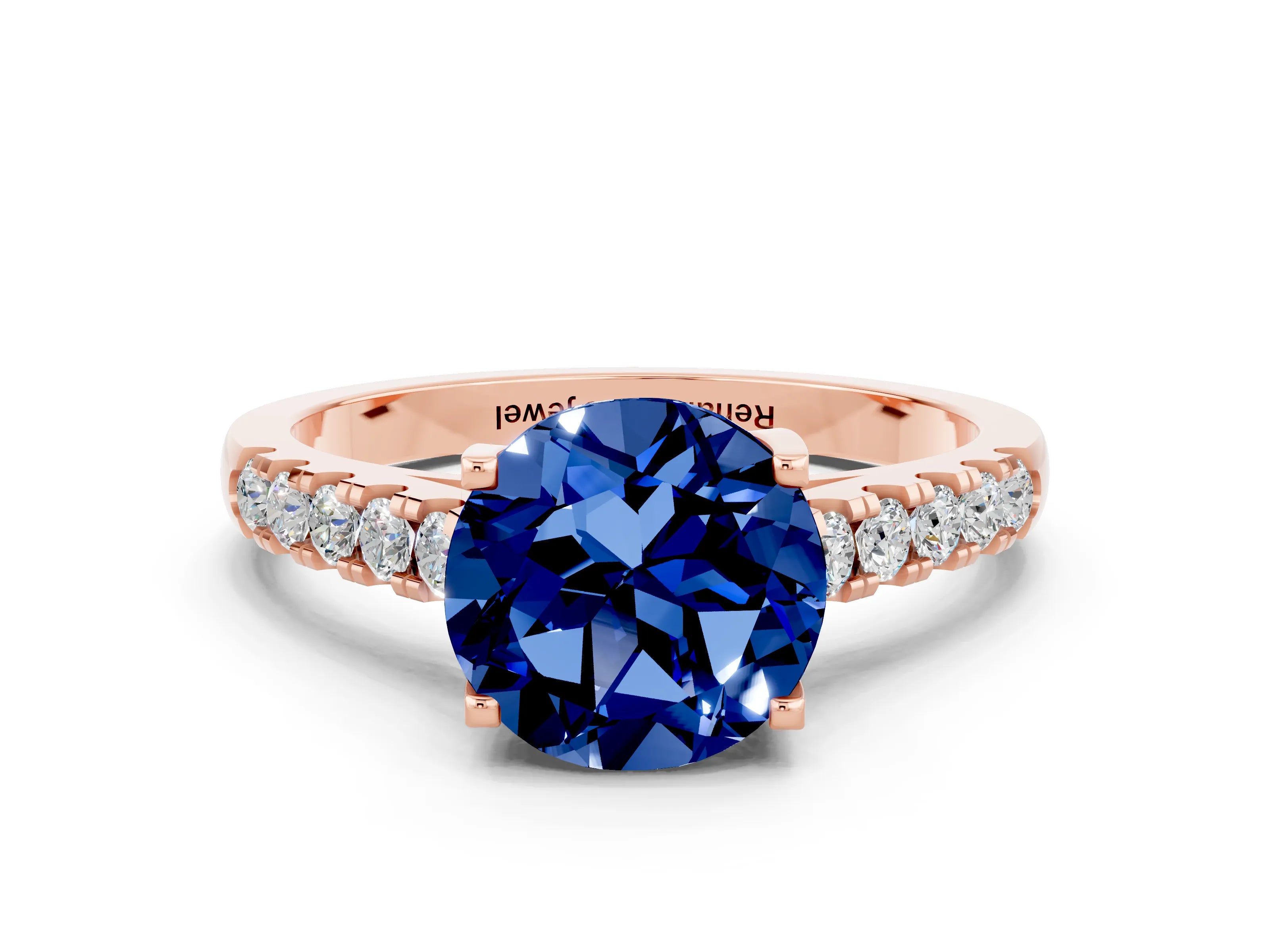 Rose gold {shape_name} Blue Sapphire Solitaire Ring with Pavé Band and Four-Prong Setting
