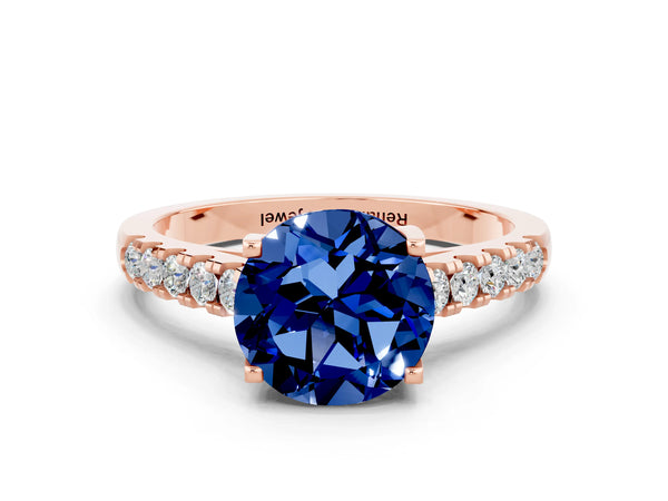 Rose gold Round Cut Blue Sapphire Pavé Band Solitaire Ring with Prong Setting
