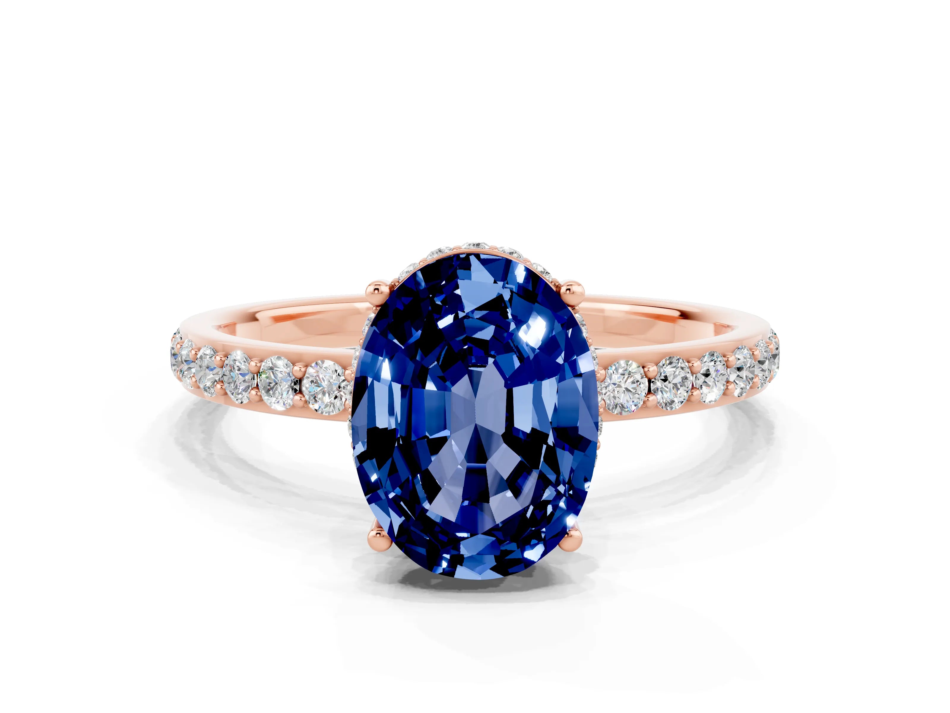 Rose gold {shape_name} Blue Sapphire Solitaire Ring with Pavé Band and Hidden Halo