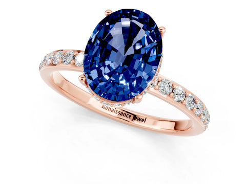 Rose gold {shape_name} Blue Sapphire Solitaire Ring with Pavé Band and Hidden Halo_1