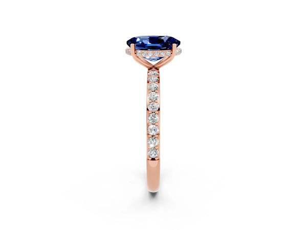Rose gold Oval Cut Blue Sapphire Solitaire Ring with Pavé Band and Hidden Halo