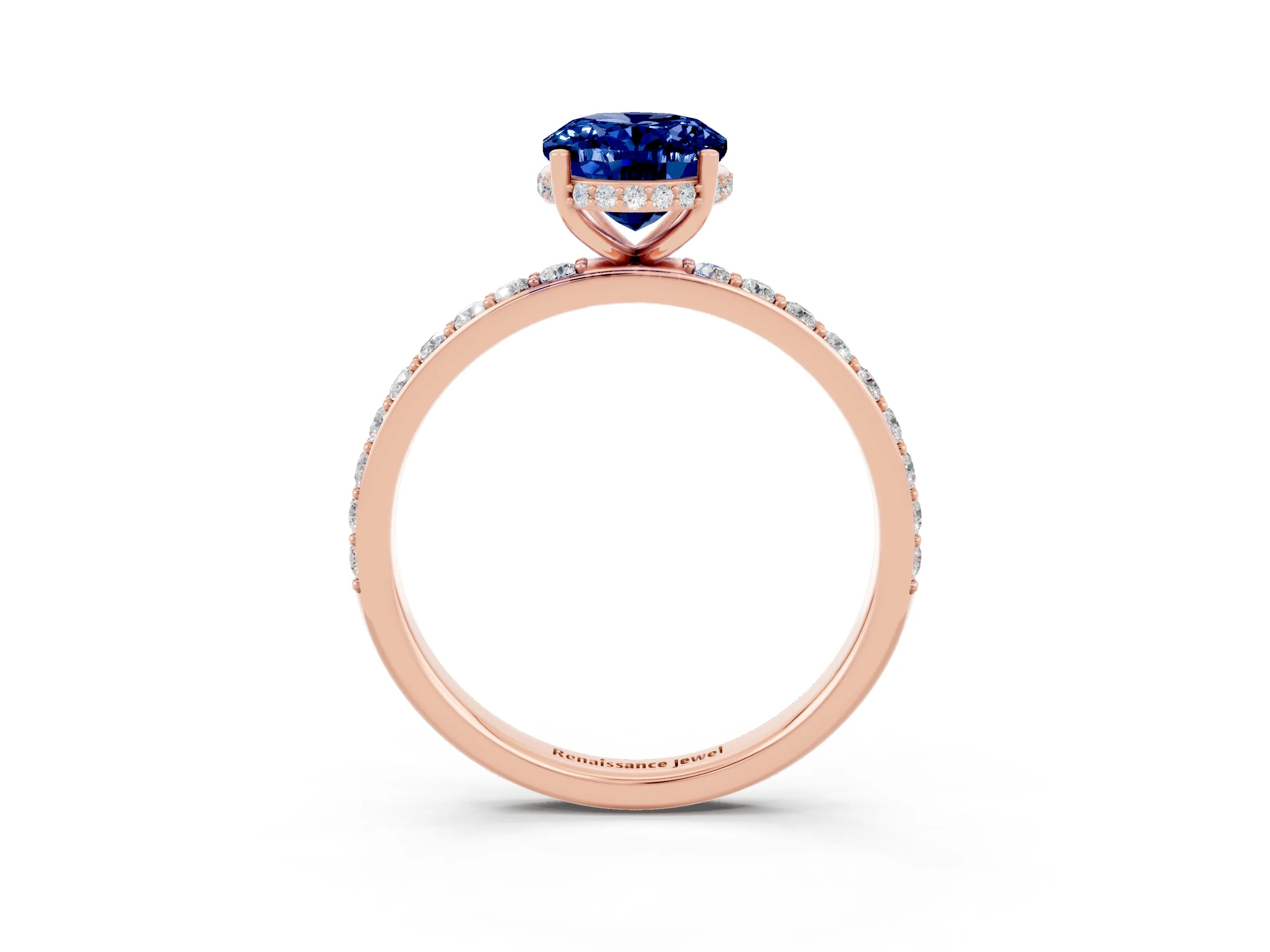Rose gold {shape_name} Blue Sapphire Solitaire Ring with Pavé Band and Hidden Halo_3