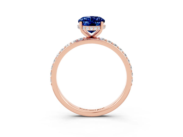 Rose gold Oval Cut Blue Sapphire Solitaire Ring with Pavé Band and Hidden Halo