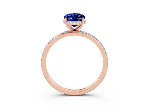 Rose gold {shape_name} Blue Sapphire Solitaire Ring with Pavé Band and Hidden Halo_3