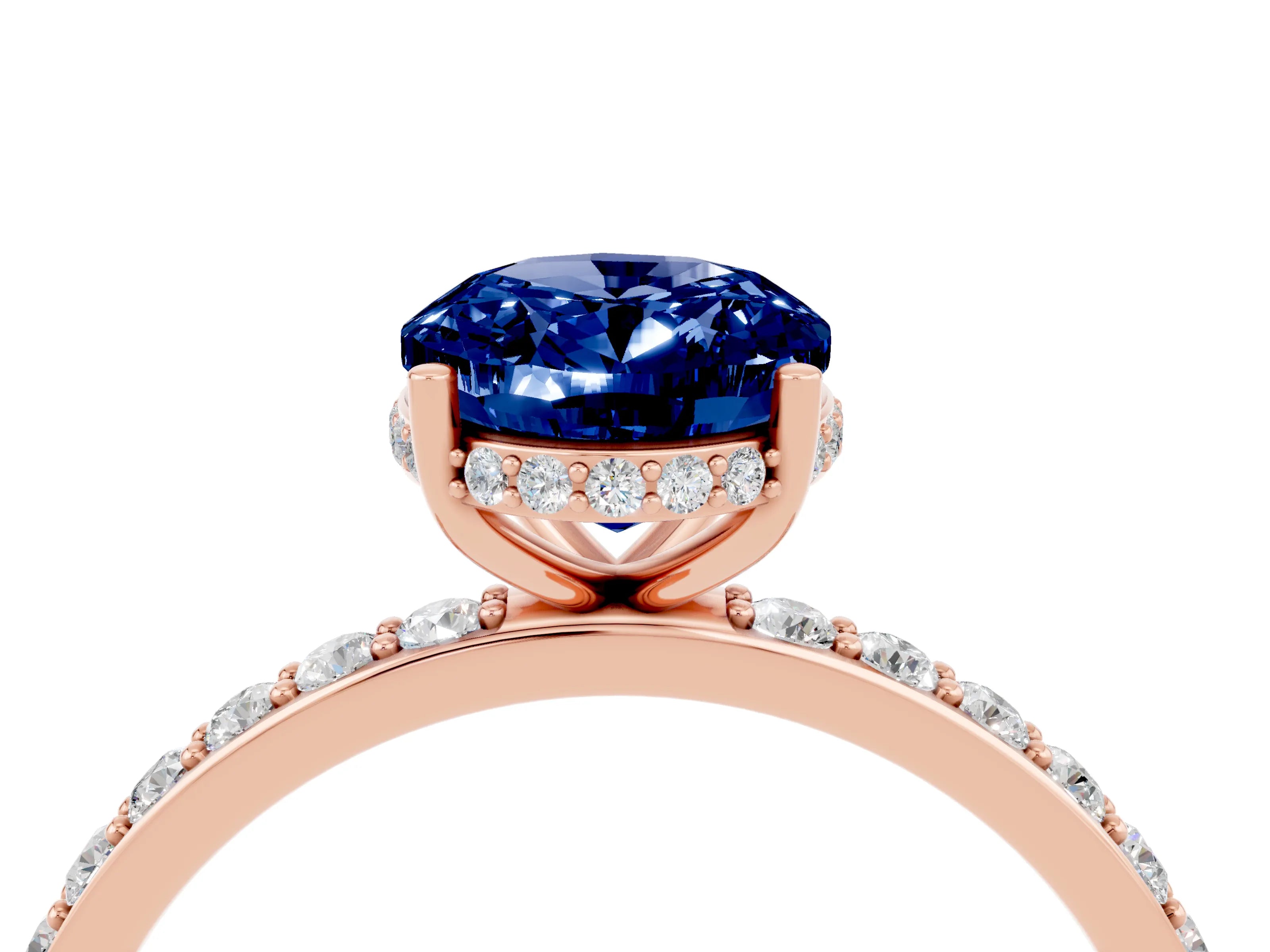 Rose gold {shape_name} Blue Sapphire Solitaire Ring with Pavé Band and Hidden Halo_4