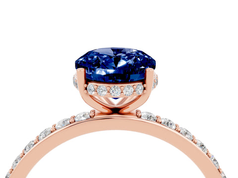 Rose gold {shape_name} Blue Sapphire Solitaire Ring with Pavé Band and Hidden Halo_4