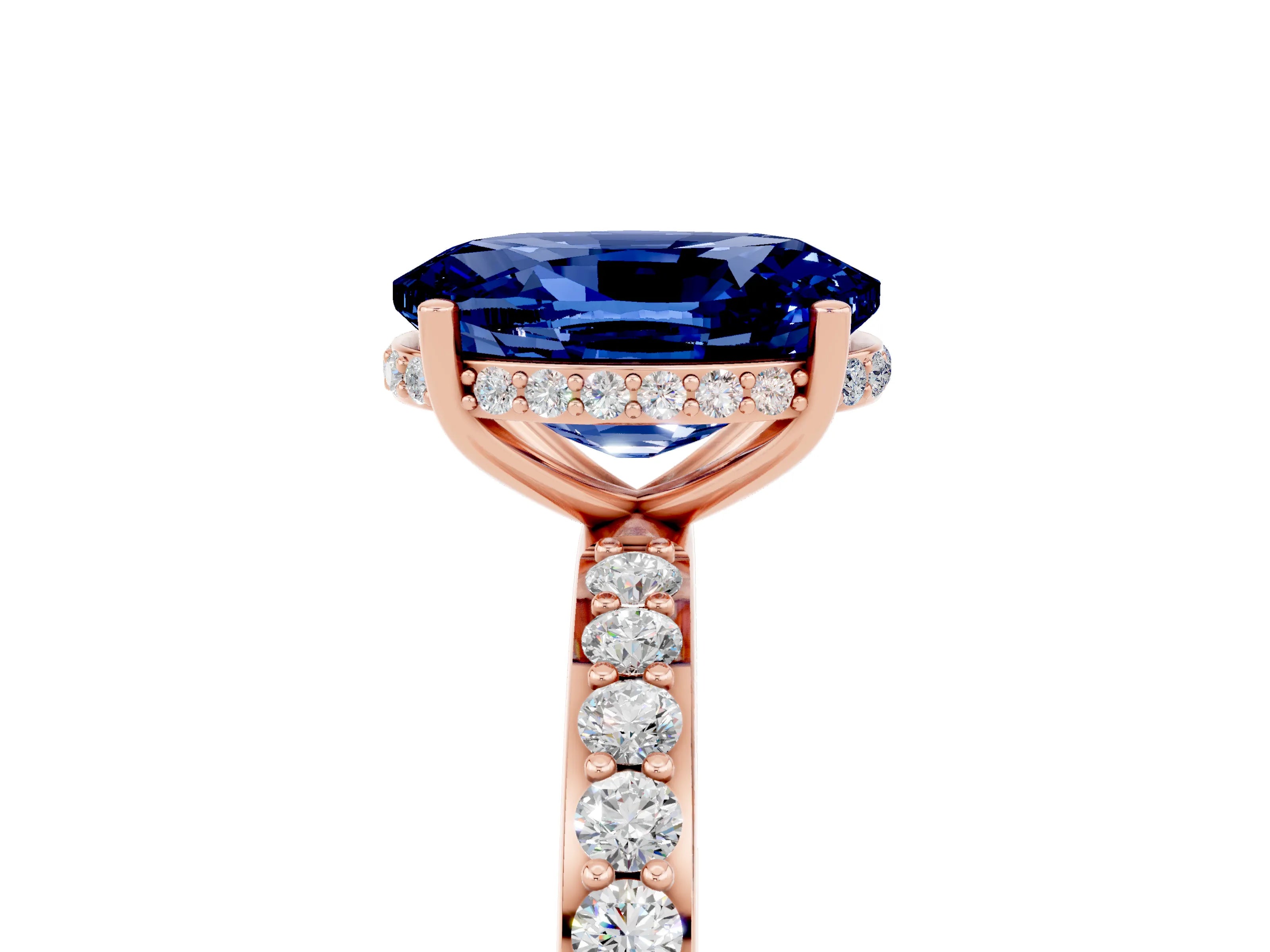 Rose gold {shape_name} Blue Sapphire Solitaire Ring with Pavé Band and Hidden Halo_5
