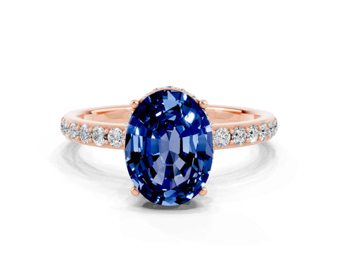 Rose gold {shape_name} Blue Sapphire Solitaire Ring with Pavé Band and Hidden Halo
