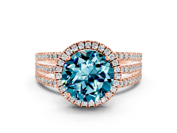 Rose gold Round Cut Blue Topaz Halo Engagement Ring with Split Shank and Four-Prong Setting