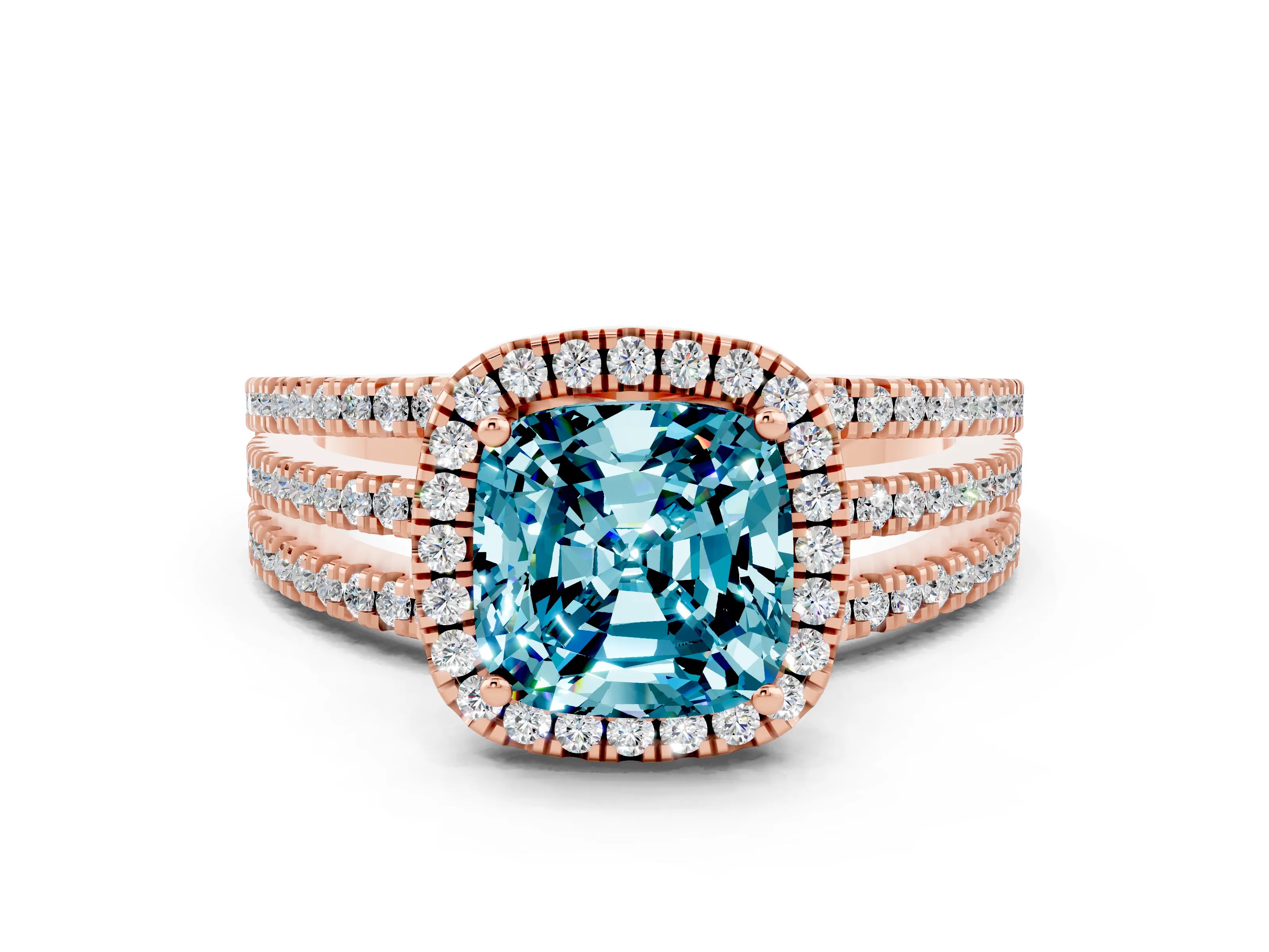 Rose gold {shape_name} Blue Topaz Halo Engagement Ring with Split Shank and Four-Prong Setting