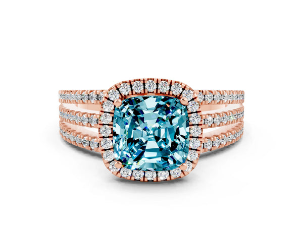 Rose gold Cushion Cut Blue Topaz Halo Engagement Ring with Split Shank and Four-Prong Setting