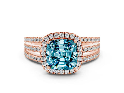 Rose gold {shape_name} Blue Topaz Halo Engagement Ring with Split Shank and Four-Prong Setting