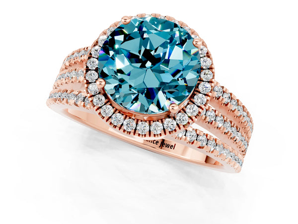 Rose gold Round Cut Blue Topaz Halo Engagement Ring with Split Shank and Four-Prong Setting