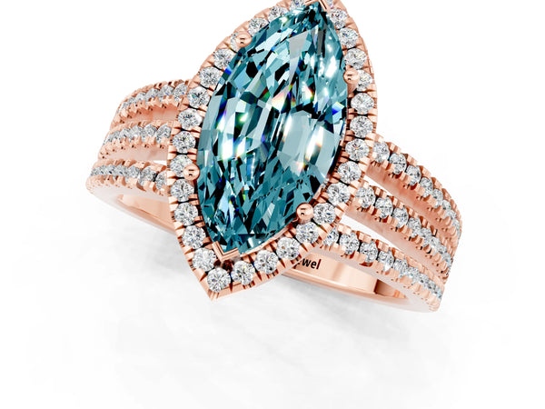 Rose gold Marquise Cut Blue Topaz Halo Engagement Ring with Split Shank and Four-Prong Setting