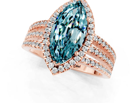 Rose gold {shape_name} Blue Topaz Halo Engagement Ring with Split Shank and Four-Prong Setting_1