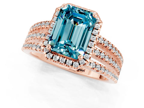 Rose gold {shape_name} Blue Topaz Halo Engagement Ring with Split Shank and Four-Prong Setting_1