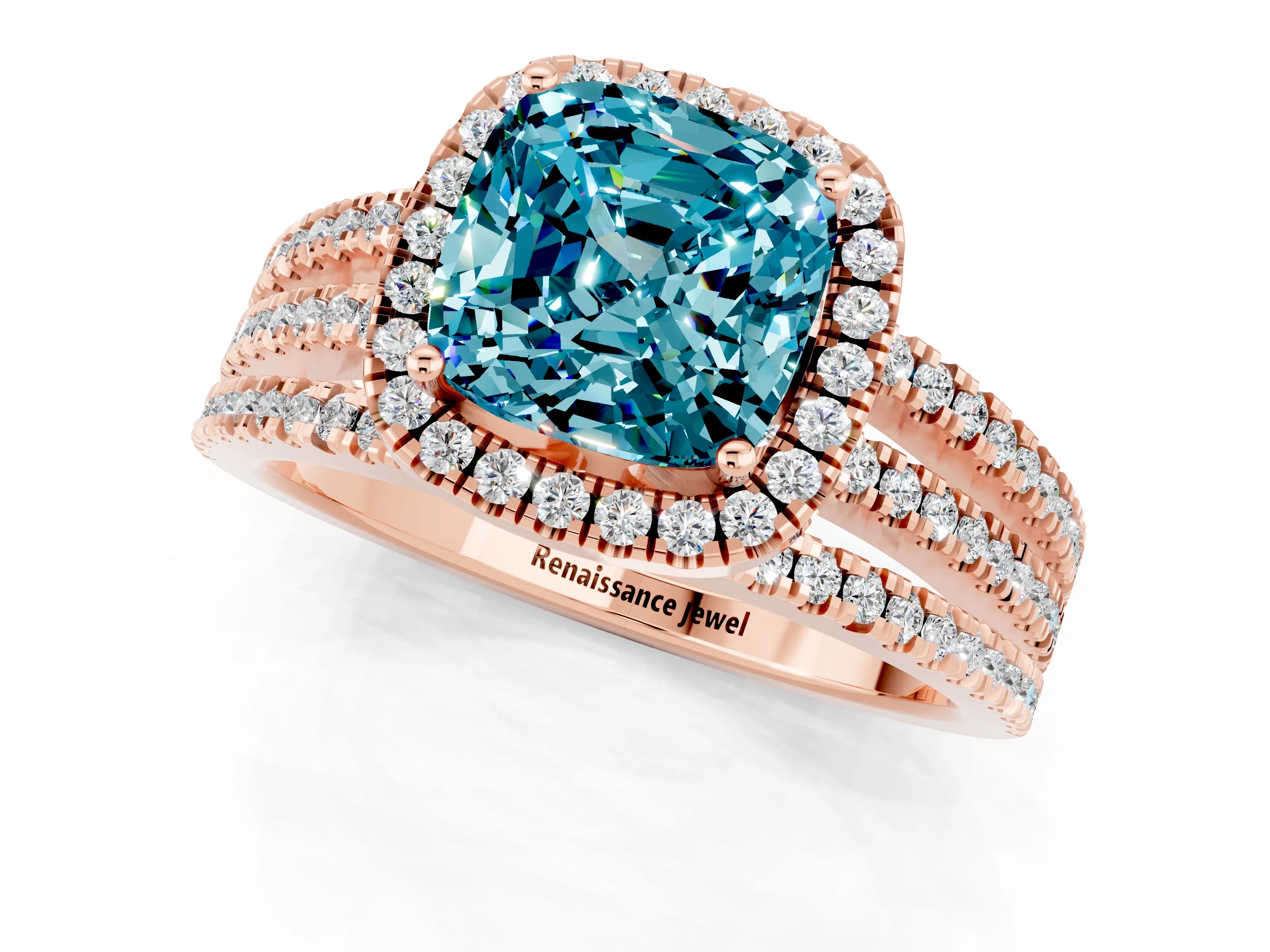 Rose gold {shape_name} Blue Topaz Halo Engagement Ring with Split Shank and Four-Prong Setting_1