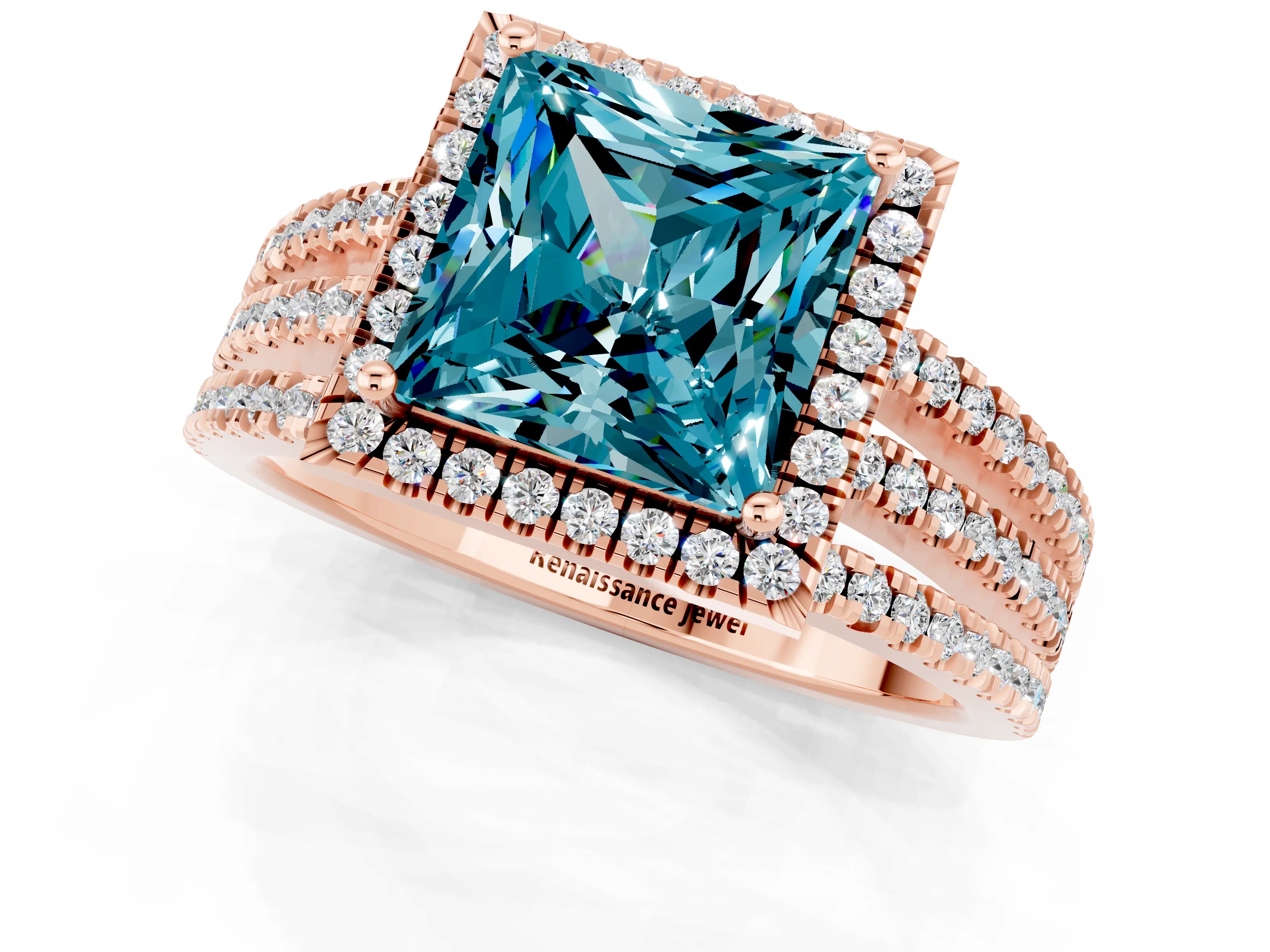 Rose gold {shape_name} Blue Topaz Halo Engagement Ring with Split Shank and Four-Prong Setting_1