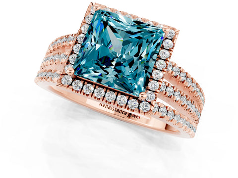 Rose gold {shape_name} Blue Topaz Halo Engagement Ring with Split Shank and Four-Prong Setting_1