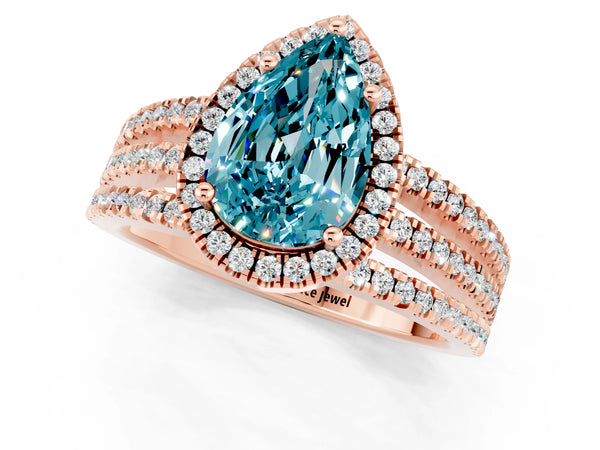 Rose gold Pear Cut Blue Topaz Halo Engagement Ring with Split Shank and Four-Prong Setting