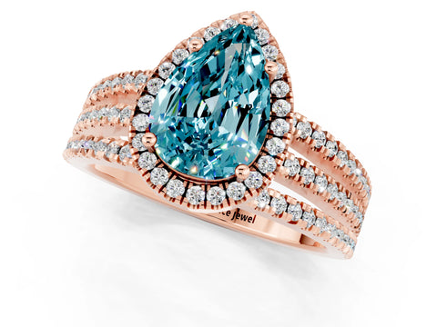Rose gold {shape_name} Blue Topaz Halo Engagement Ring with Split Shank and Four-Prong Setting_1