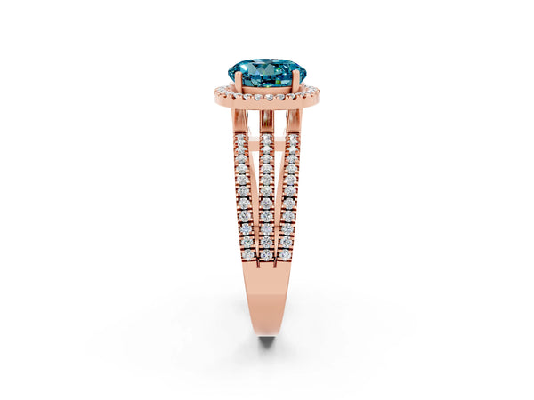 Rose gold Round Cut Blue Topaz Halo Engagement Ring with Split Shank and Four-Prong Setting