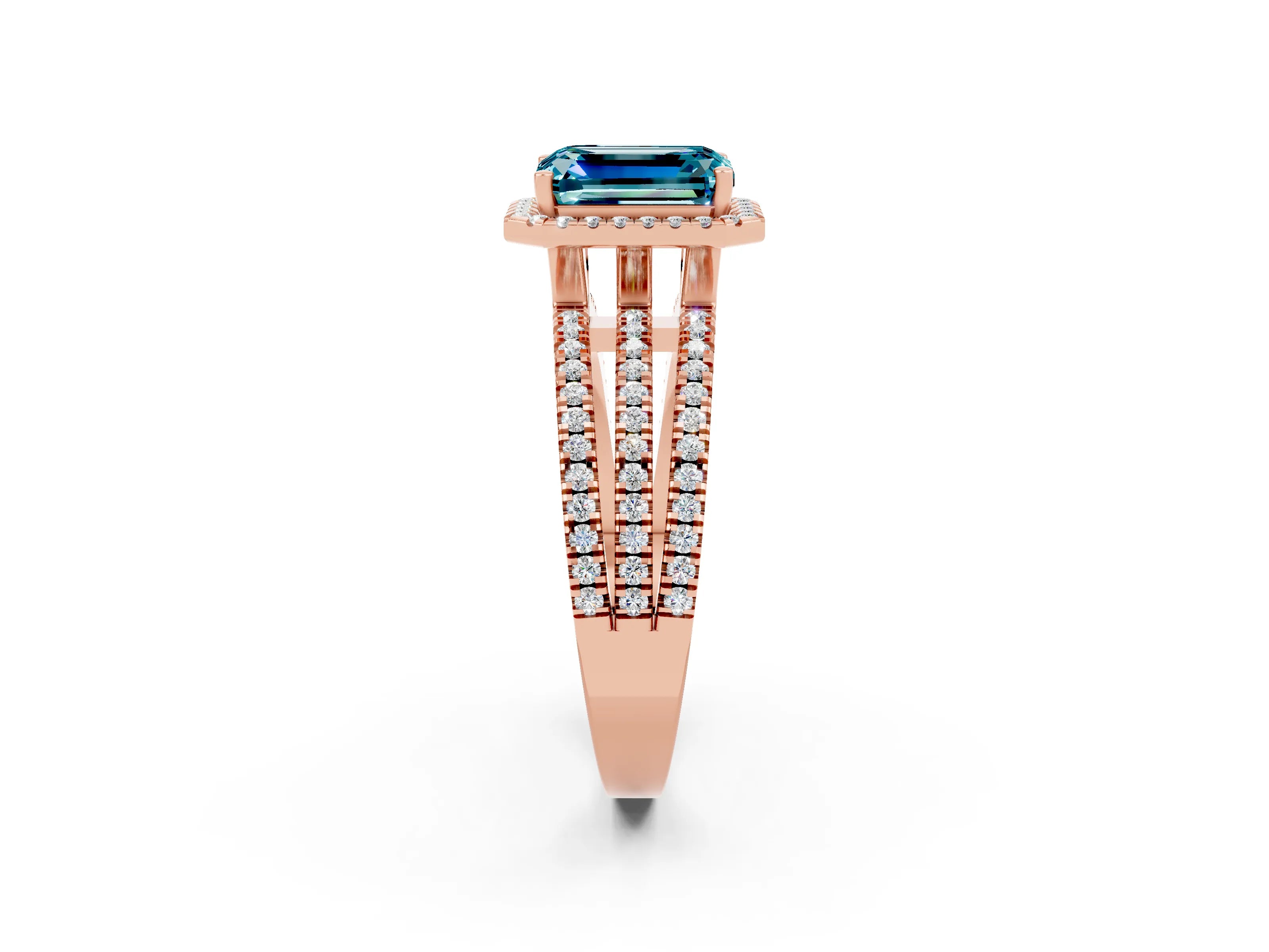 Rose gold {shape_name} Blue Topaz Halo Engagement Ring with Split Shank and Four-Prong Setting_2